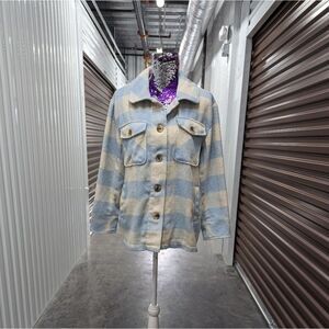 Kensie Women's Small Cream and Blue Plaid Trucker Jacket Coat Grunge Y2K Revival